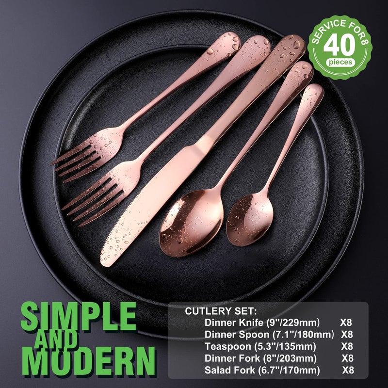 OGORI Copper/Rose Gold Silverware Set, OGORI 40-Piece Stainless Steel Flatware Set, Kitchen Utensil Set Service for 8, Mirror Polished Tableware Cutlery Set for Home and Restaurant, Dishwasher Safe - Image 2